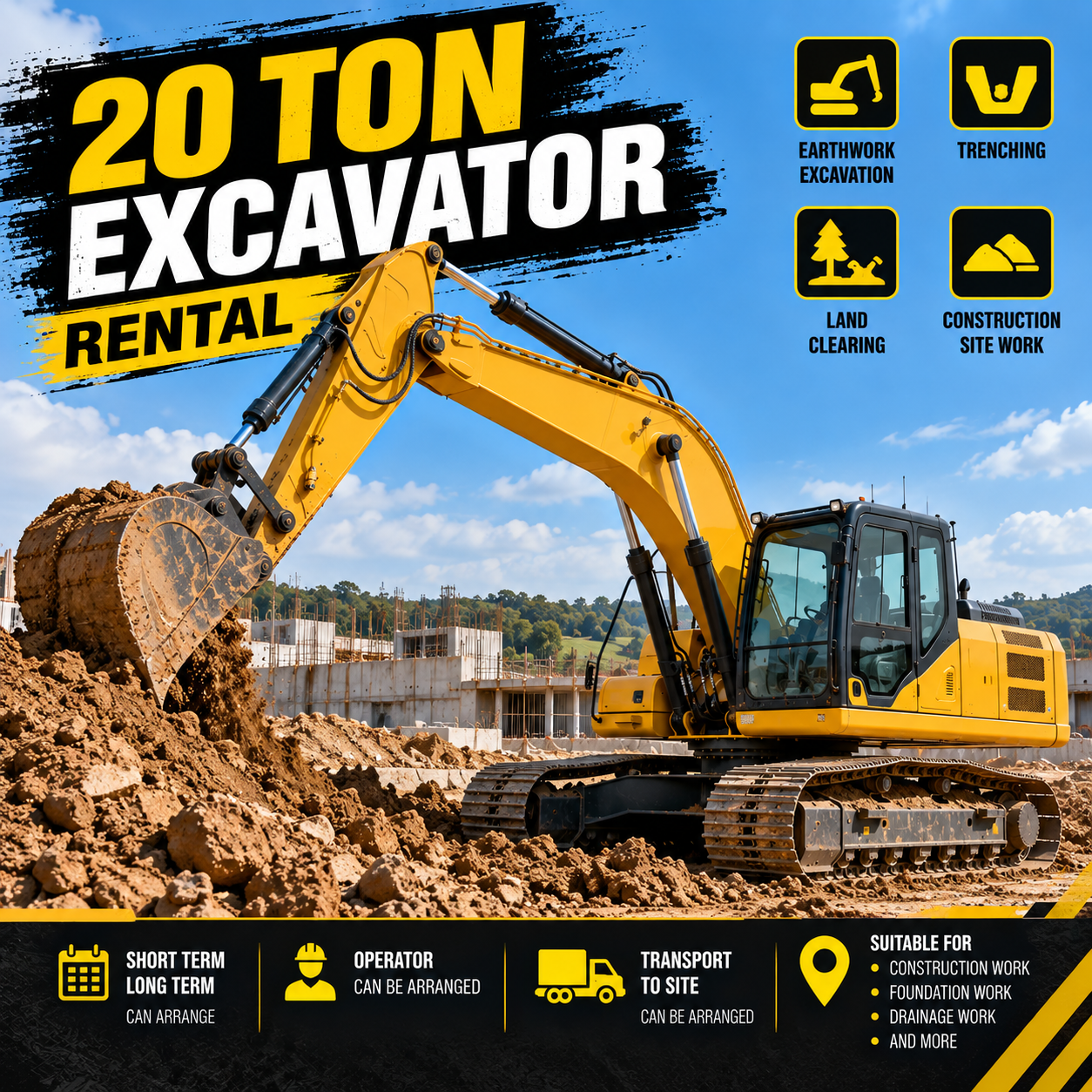 20 Ton Excavator Rental for Construction & Earthwork